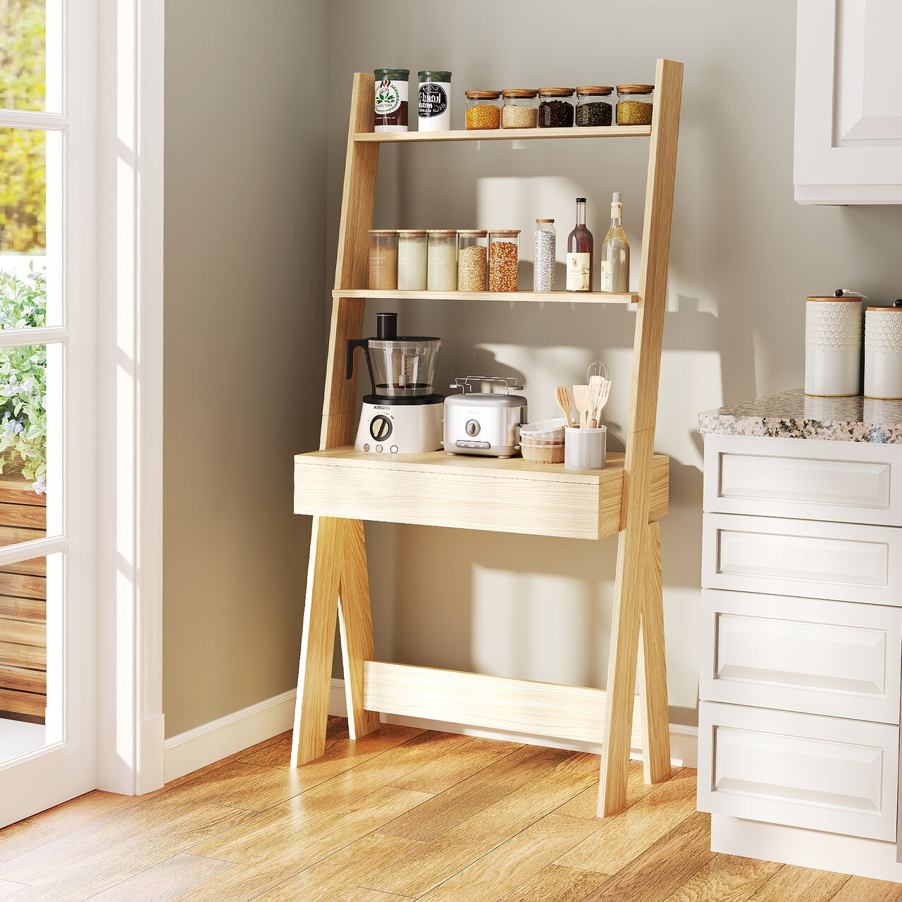 Wall Leaning Ladder Desk with Drawer and Shelves for Small Spaces